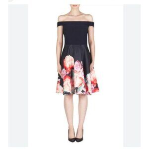 Joseph Ribkoff  Romcom Romantic Off the Shoulder Pink Floral Cocktail Dress size
